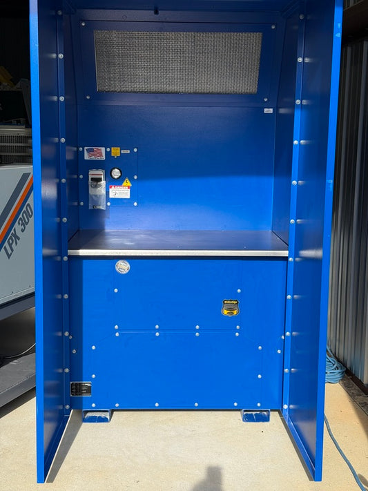 RoboVent VentBoss #S220, manual welding tables with backdraft fume extraction & booth walls